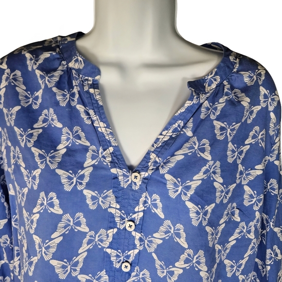 TALBOTS Petite Butterfly Print Cotton Tunic Blouse Shirt Size Small Blue White - Picture 3 of 12